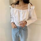 Long-sleeve Frill Trim Cold Shoulder Buttoned Top White - One Size