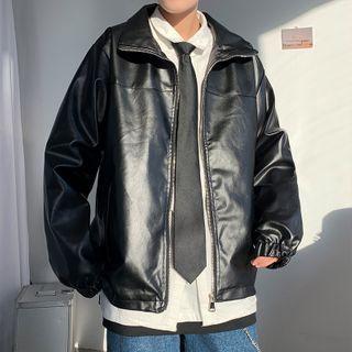 Faux Leather Plain Zipped Jacket