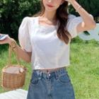 Lace-trim Square-neck Puff Short-sleeve Blouse White - One Size