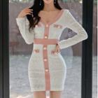 Long-sleeve V-neck Lace Mini Bodycon Dress