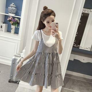 Set: Short-sleeve T-shirt + Pinstripe Spaghetti Strap Dress