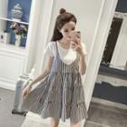 Set: Short-sleeve T-shirt + Pinstripe Spaghetti Strap Dress
