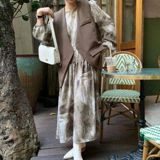 Printed Long-sleeve Midi A-line Dress Coffee - One Size