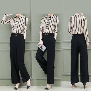 Set: Long-sleeve Striped Blouse + Wide-leg Pants