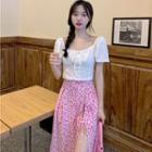 Puff-sleeve Square Neck Tie-strap Crop Top / Side-slit Floral Midi Skirt