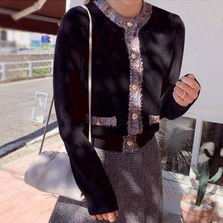 Tweed-trim Wool Blend Cardigan
