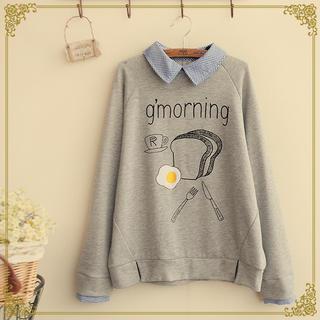 Gingham Collar Breakfast Print T-shirt
