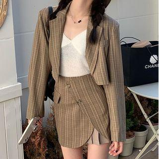 Plaid Blazer / Knit Camisole Top / A-line Skirt