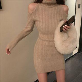 Long-sleeve Cold Shoulder Turtleneck Knit Mini Bodycon Dress
