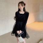 Long-sleeve Sheer Panel A-line Dress Black - One Size