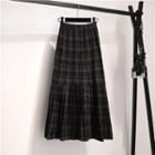 Plaid Pleated A-line Midi Skirt Dark Blue - One Size