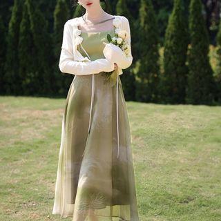 Set: Spaghetti-strap Two-tone Midi A-line Dress + Jacket