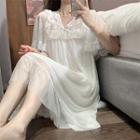 Short-sleeve V-neck Lace Sleepdress White - One Size