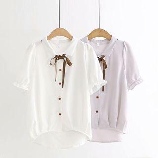 Short-sleeve Frill Trim Ribbon Shirt