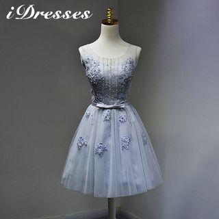Flower Accent Beaded Sleeveless Bridesmate Dress