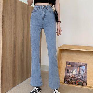 High-waist Furry Trim Denim Bell-bottom Pants