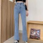 High-waist Furry Trim Denim Bell-bottom Pants