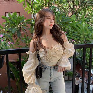Off Shoulder Ruffle Blouse Beige - One Size