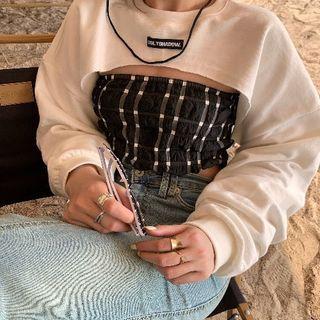 Cropped Sweatshirt / Plaid Camisole Top / Denim Midi Skirt
