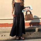 Spaghetti Strap Buttoned A-line Maxi Dress Black - One Size