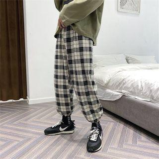 Drawstring-cuff Plaid Wide-leg Pants