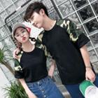 Couple Matching Elbow-sleeve Camo Panel T-shirt