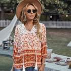 Floral Long-sleeve V-neck Lace-panel T-shirt