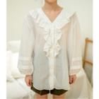 Plus Size Bishop-sleeve Frill-collar Blouse