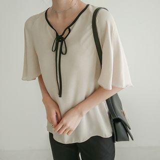 Tie-neck Flutter-sleeve Crepe Blouse