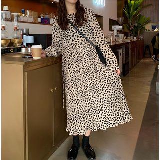 Long-sleeve Printed Accordion Pleated Midi Dress