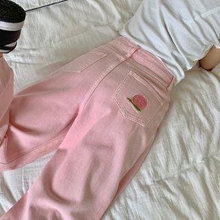 Peach Embroidered Wide Leg Straight Leg Jeans