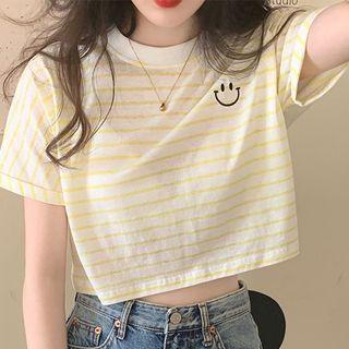 Short-sleeve Smiley Embroidered Striped T-shirt