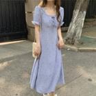 Short-sleeve Floral Print Midi A-line Dress Purplish Blue - One Size