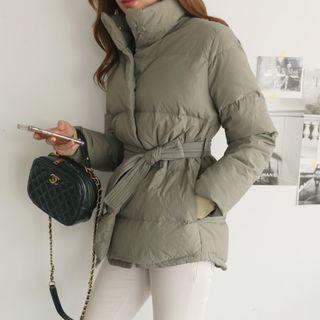 High-neck Duck-down Padded Jacket With Sash