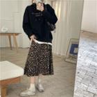Leopard Print Midi A-line Skirt / Lettering Hoodie