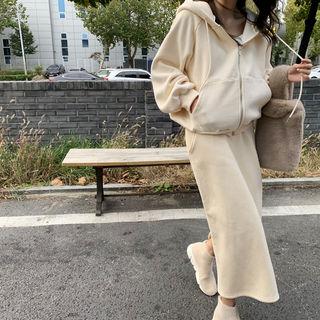 Fleece-lined Zip Hoodie & Maxi Skirt Set Cream - One Size