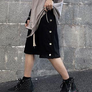 Drawstring-waist Button-side Straight-cut Shorts