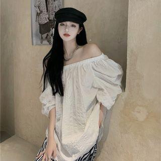 Puff-sleeve Off-shoulder Blouse / Zebra Print Wide Leg Pants