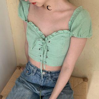 Short-sleeve Plaid Lace Up Blouse