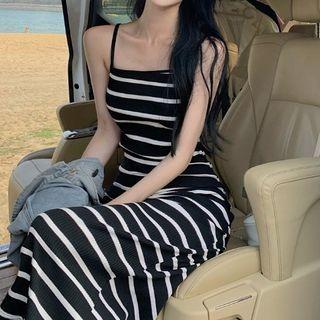 Spaghetti Strap Striped Midi Dress Stripe - White & Black - One Size