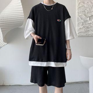 Set: Short Sleeve Mock Two Piece Top + Plain Shorts