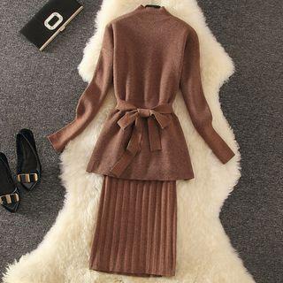 Set: Mock-neck Sashed Sweater + Pleated Midi Skirt