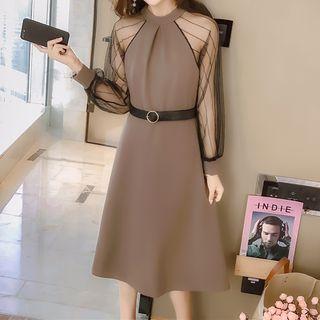 Mesh Panel Long-sleeve A-line Midi Dress
