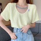 Short-sleeve Plain Lace Top With Chain