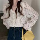 Flared-cuff Floral Print Lace Ruffle Blouse Beige - One Size