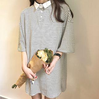 Striped Elbow Sleeve Polo Shirtdress