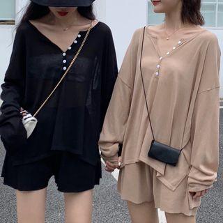 Plain Long-sleeve Buttoned Knit Top / Wide-leg Shorts