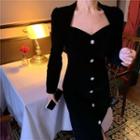 Square-neck Long-sleeve Velvet Midi A-line Dress