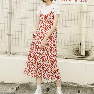 Leaf Print Spaghetti-strap A-line Midi Dress Red - One Size