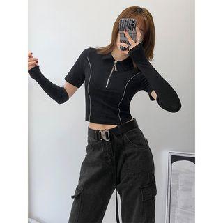 Reflective Half-zip Crop Polo Shirt With Gloves